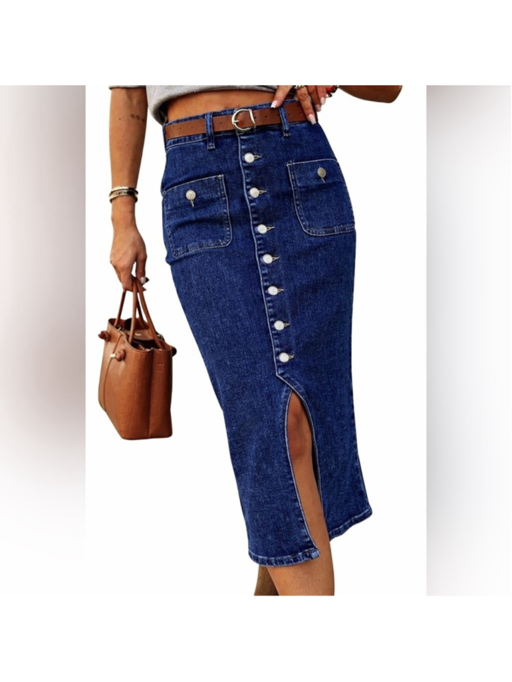 Flamingals High Waist Denim Midi Skirt Vintage Button Front Bodycon Jean Pencil